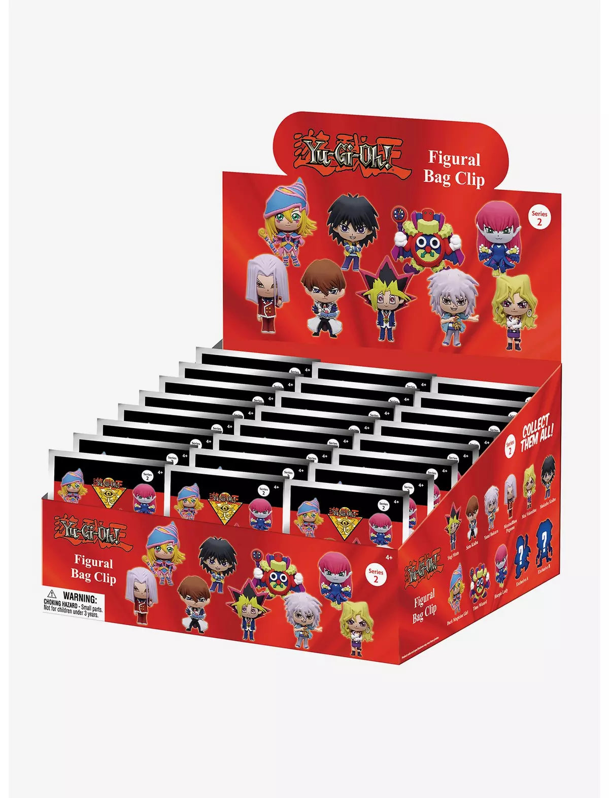 A red retail display box filled with multiple blind bag clip packs, featuring cartoon character illustrations on the front and side panels.
