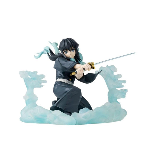 A collectible anime figurine of a dark-haired female warrior in a black outfit, kneeling on a light blue cloud-like base while holding a sword with a gold hilt. The figure is photographed against a solid white background.