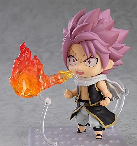 A chibi anime figurine of a pink-haired character with an orange and yellow flame effect accessory, posed on a clear display stand against a neutral gray background.