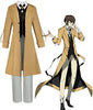 Cosplay costume with a long beige coat and outfit on a white background