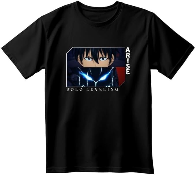 Black t-shirt with anime character graphic and text on a white background