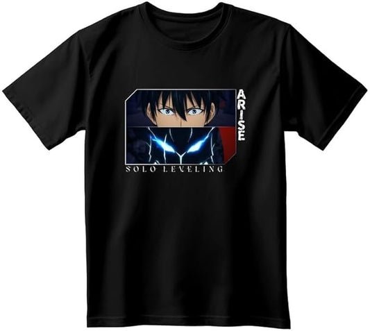 Black t-shirt with anime character graphic and text on a white background