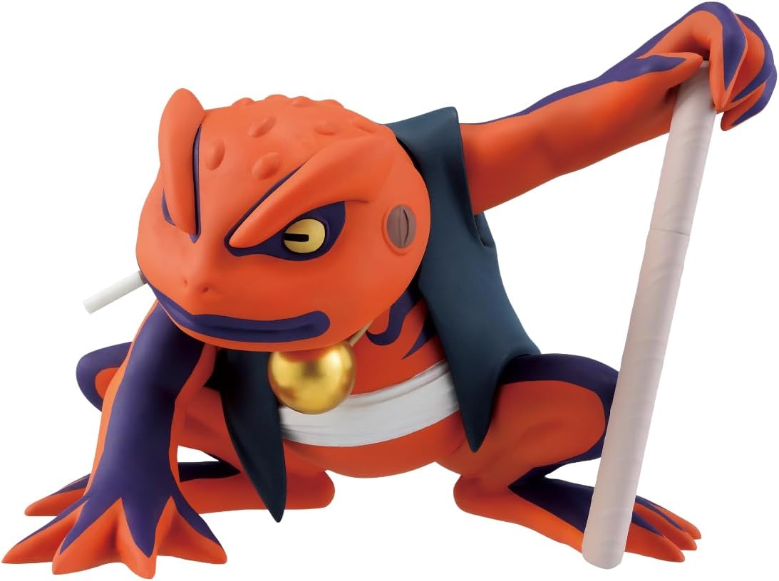 A collectible action figure of a red and purple frog character holding a white scroll, set against a plain white background.