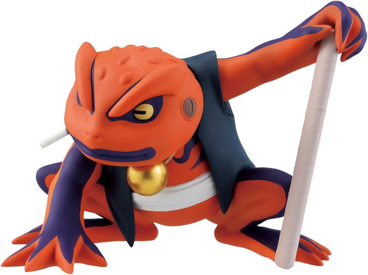 A collectible action figure of a red and purple frog character holding a white scroll, set against a plain white background.