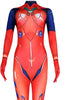 Red and blue bodysuit with character design on a white background