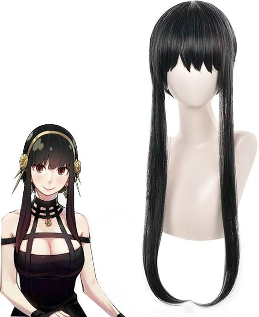 Black long woman wig of an assasin anime character.
