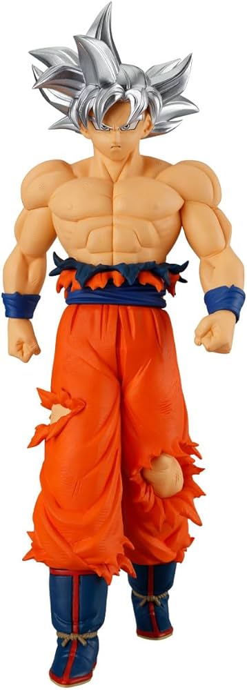 A collectible action figure of Goku in his Super Saiyan form, featuring spiky silver hair, a muscular tan body, torn orange gi pants, and blue wristbands and boots, set against a plain white background.