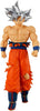 A collectible action figure of Goku in his Super Saiyan form, featuring spiky silver hair, a muscular tan body, torn orange gi pants, and blue wristbands and boots, set against a plain white background.