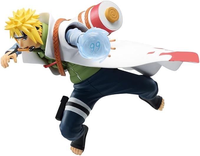 Banpresto figure of Namikaze Minato from Naruto series, featuring his iconic Hokage cloak and pose, in collector packaging.