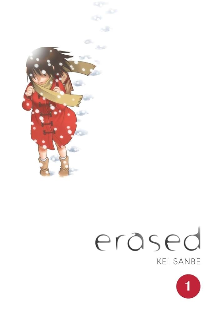 Book cover of 'erased' by Kei Sanbe with a character in a red coat and scarf on a white background.