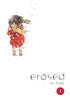 Book cover of 'erased' by Kei Sanbe with a character in a red coat and scarf on a white background.