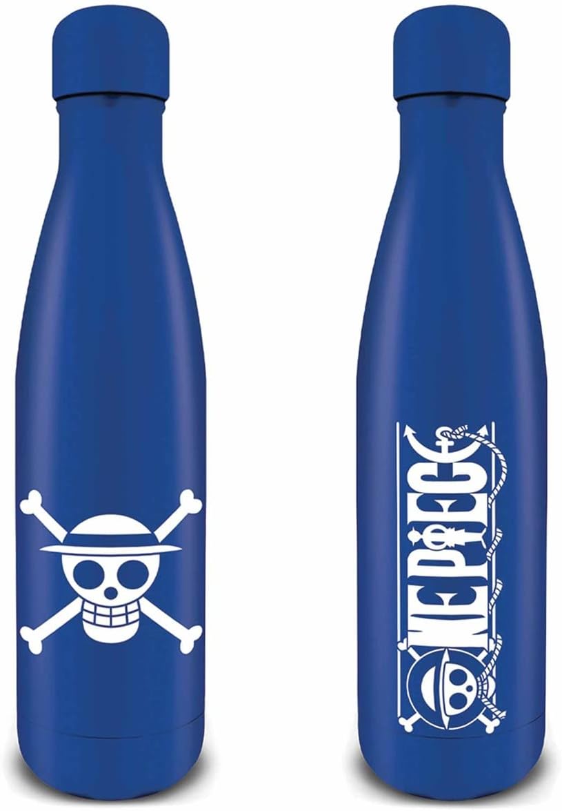 Two blue insulated water bottles shown side by side on a white background, each featuring a white One Piece graphic. The bottle on the left displays the Jolly Roger skull and crossbones logo, while the bottle on the right features the vertical One Piece logo with its characteristic hat and skull motif.