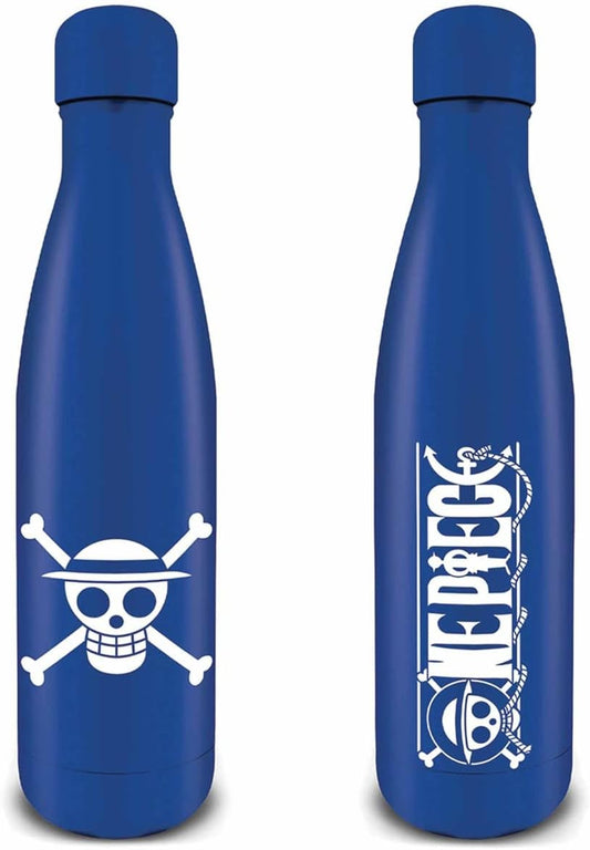 Two blue insulated water bottles shown side by side on a white background, each featuring a white One Piece graphic. The bottle on the left displays the Jolly Roger skull and crossbones logo, while the bottle on the right features the vertical One Piece logo with its characteristic hat and skull motif.