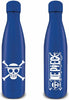 Two blue insulated water bottles shown side by side on a white background, each featuring a white One Piece graphic. The bottle on the left displays the Jolly Roger skull and crossbones logo, while the bottle on the right features the vertical One Piece logo with its characteristic hat and skull motif.