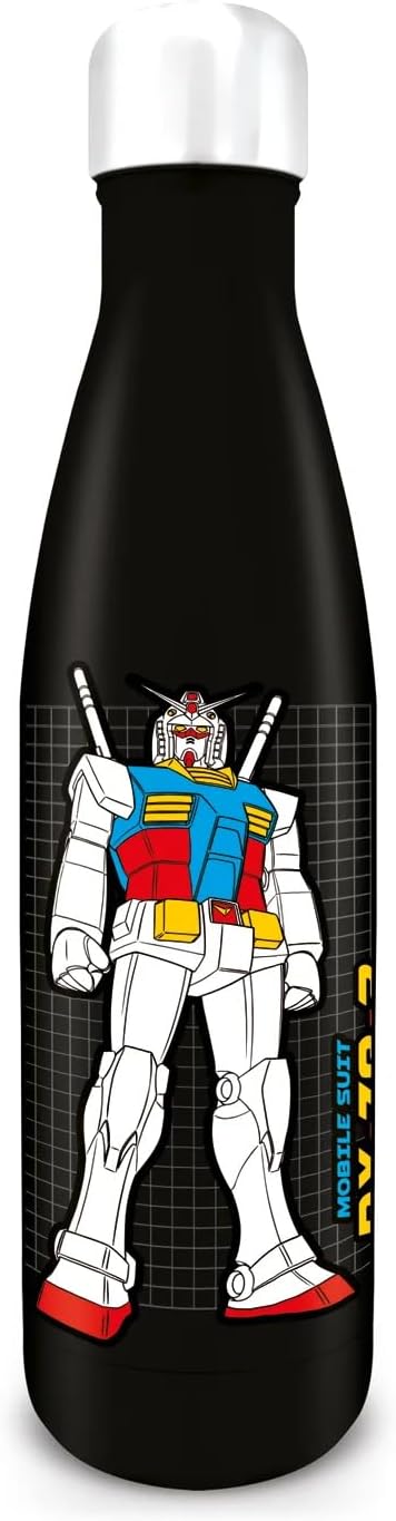 A black insulated water bottle with a white cap, featuring a colorful Gundam robot graphic on the front.