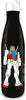 A black insulated water bottle with a white cap, featuring a colorful Gundam robot graphic on the front.