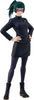 A full-body anime figurine of a female character with dark green hair, wearing a dark navy long-sleeve dress, matching dark tights, and black ankle boots, posed with hands on hips against a plain white background.