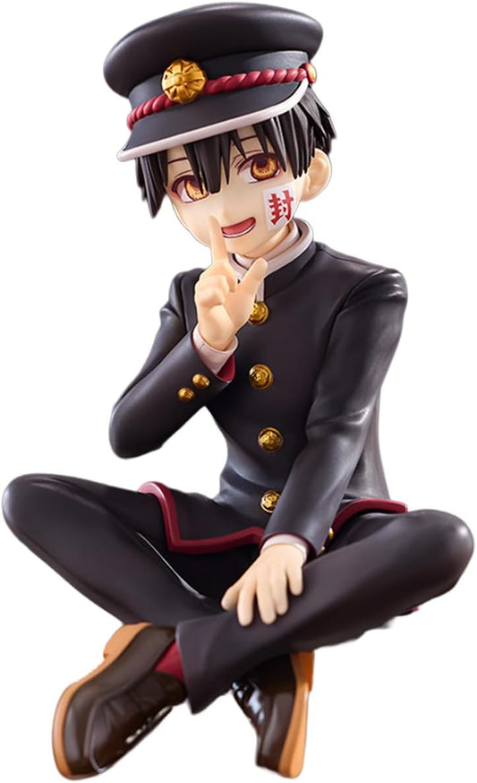 A collectible anime figurine of a character in a dark uniform with gold buttons and red trim, seated in a crouched pose against a plain white background.