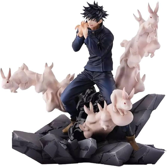 Figure of a character riding a creature with multiple rabbit-like animals on a white background