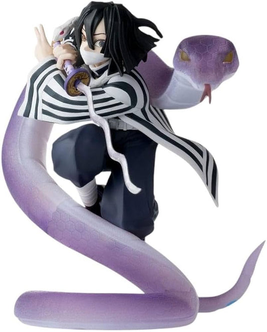 A collectible anime figure of Tanjiro Kamado from Demon Slayer in a dynamic pose with a large purple snake coiled around him, set against a plain white background.
