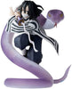 A collectible anime figure of Tanjiro Kamado from Demon Slayer in a dynamic pose with a large purple snake coiled around him, set against a plain white background.