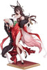 A detailed anime-style female figurine with long dark hair, fox ears, and flowing red and pink garments, posed on a decorative base against a plain white background.