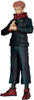 Action figure of a character in a dark outfit with red accents on a white background