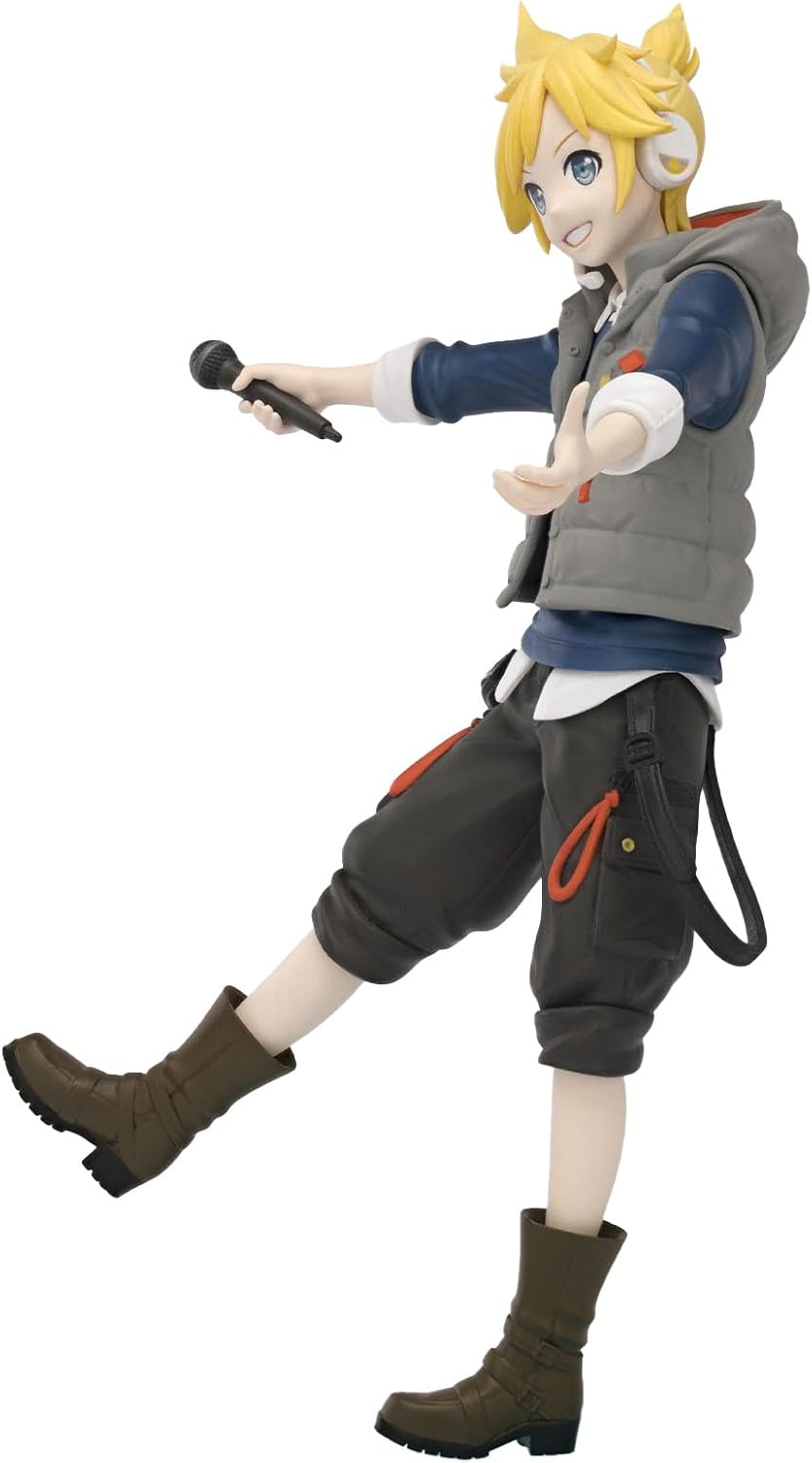 A collectible action figure of a young male anime character with spiky blonde hair, wearing a gray vest, blue shirt, dark gray shorts with orange accents, and brown boots, posed dynamically against a plain white background.