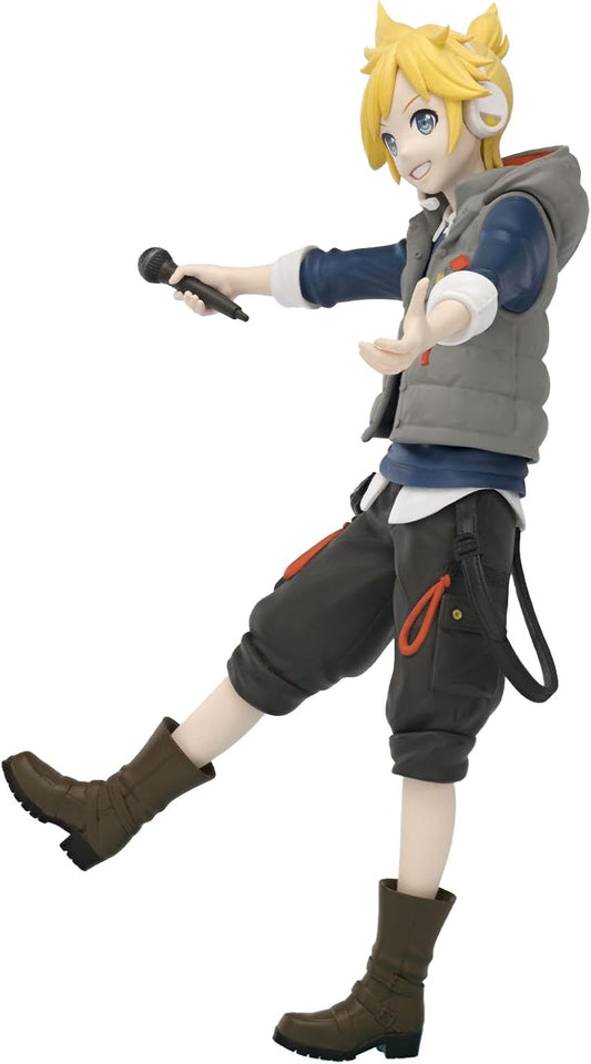 A collectible action figure of a young male anime character with spiky blonde hair, wearing a gray vest, blue shirt, dark gray shorts with orange accents, and brown boots, posed dynamically against a plain white background.