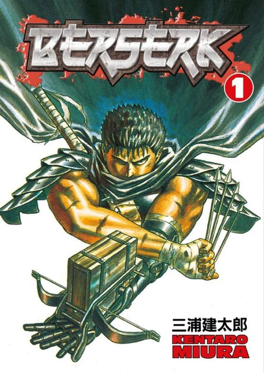 Cover of 'Berserk' manga with a character holding weapons against a dark background