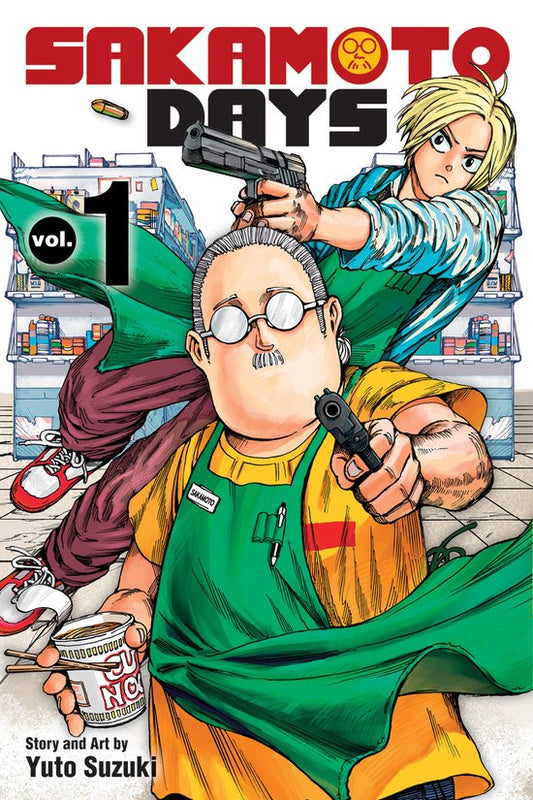 Cover of 'Sakamoto Days' Vol. 1 with two characters holding guns and a cityscape in the background.