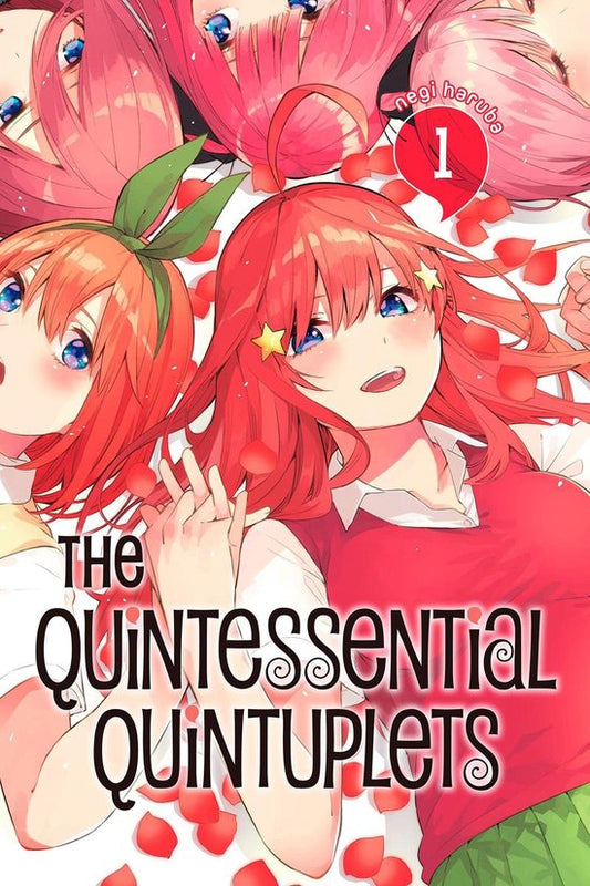 Front cover of the manga book 'The Quintessential Quintuplets Volume 1' by Yui Hatabira, featuring three anime-style girls with vibrant red and orange hair amidst pink cherry blossoms.