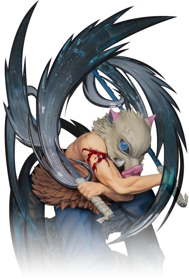A detailed collectible figurine of the Demon Slayer character Zenitsu Agatsuma, shown in a dynamic, muscular pose with his signature blue and black wind blades swirling around him. The figure features a pale, wolf-like face with pink ears and blue eyes, a brown feathered chest piece, and a blue outfit, set against a clean white background with a subtle shadow at the bottom.