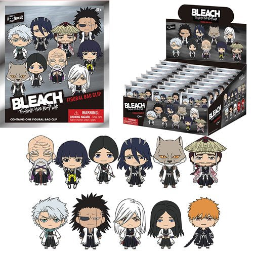 Bleach figurine bag clip and display box with character figures on a white background