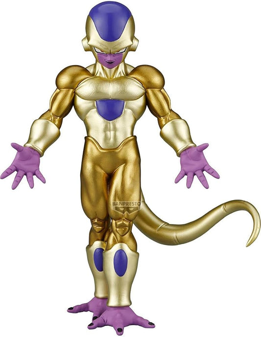 A collectible action figure of Frieza from Dragon Ball Z, featuring his signature metallic gold and purple armor, standing against a plain white background.