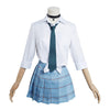 School uniform with white shirt, blue tie, and plaid skirt on a mannequin.