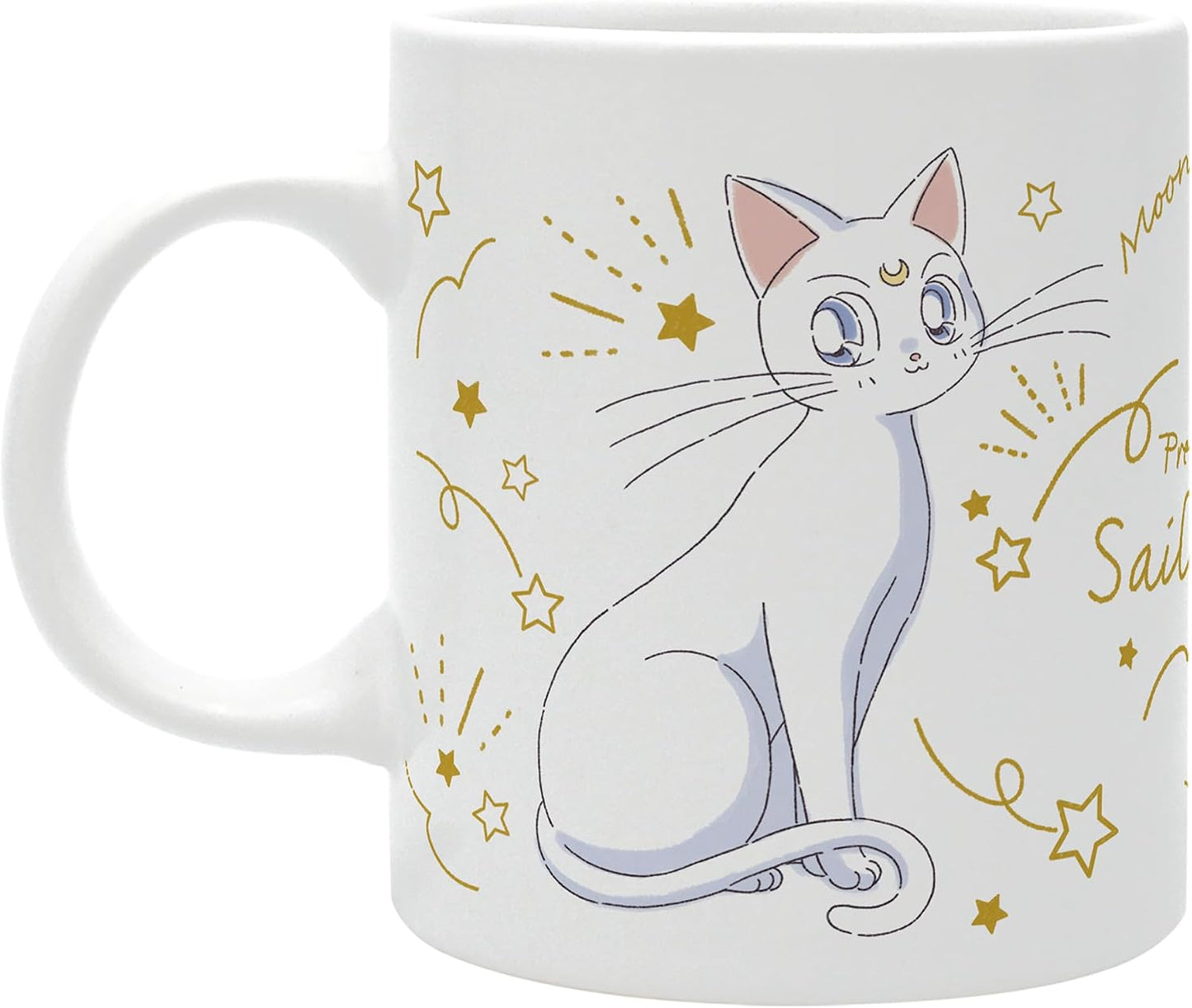 A white ceramic mug featuring an illustration of a white cat with pink inner ears, surrounded by gold stars, sparkles, and cursive text on a plain white background.