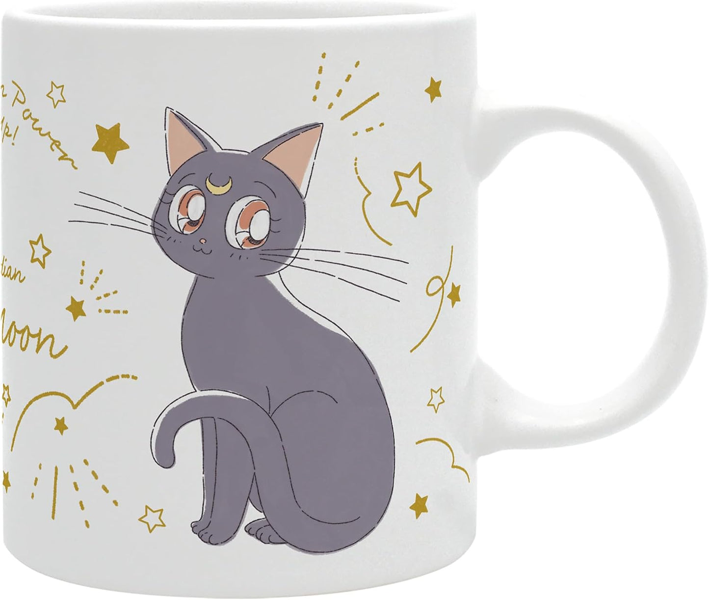 A white ceramic mug featuring a cartoon illustration of a gray cat with large eyes, surrounded by gold stars and crescent moon doodles.