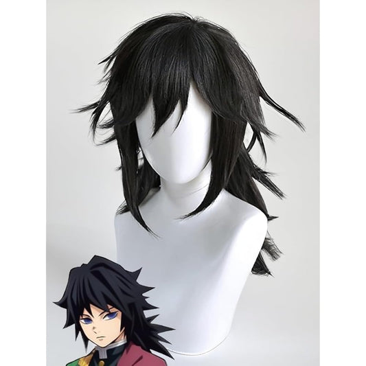 Black wig on a mannequin head with an anime character illustration below