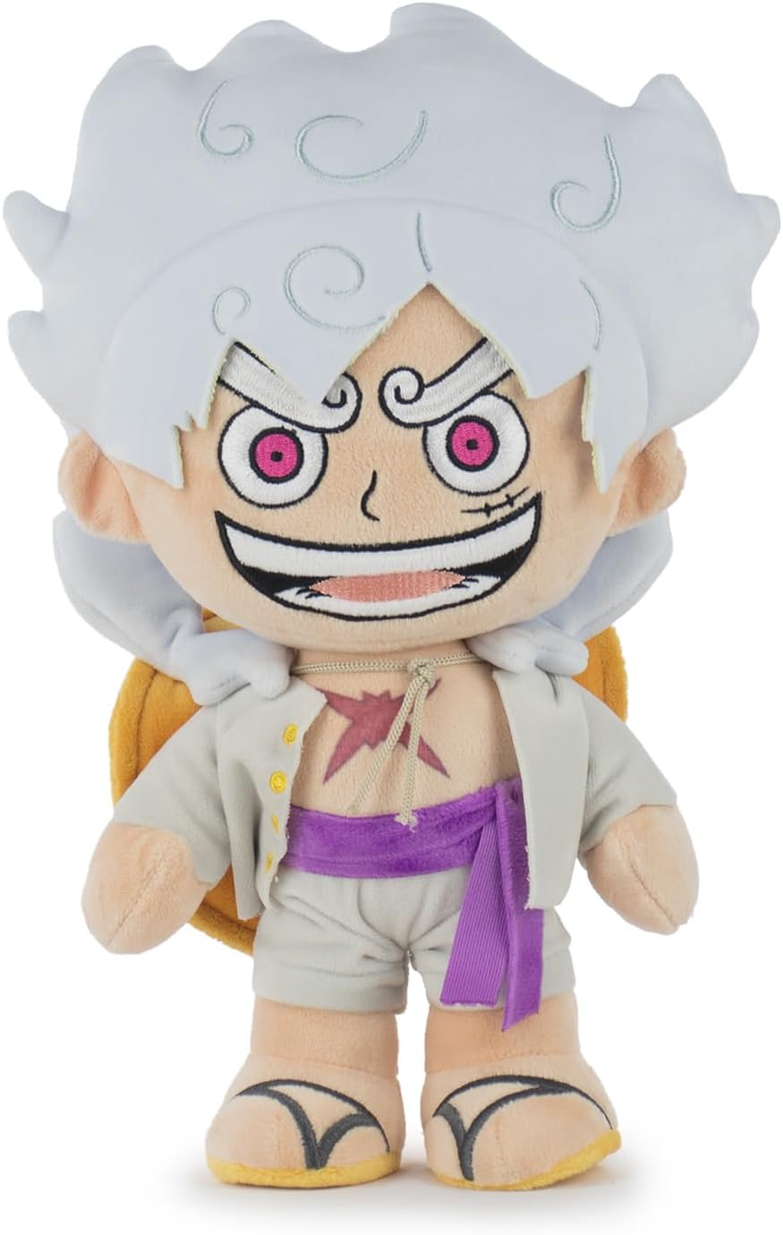 A plush toy of the anime character Ace from One Piece, featuring his signature spiky white hair, mischievous grin, and outfit in light gray, purple, and yellow, set against a plain white background.
