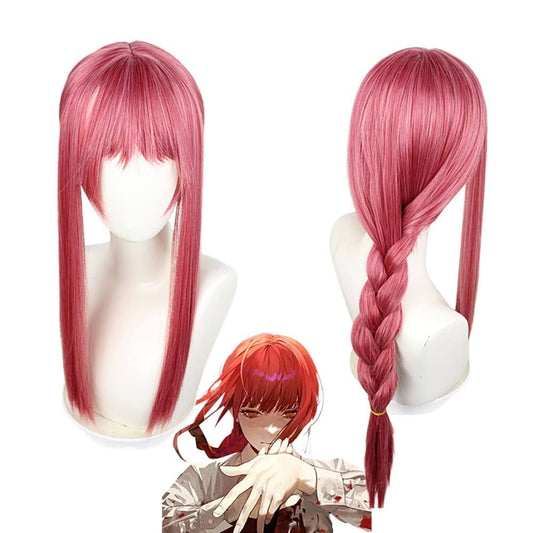 Pink wig on a mannequin head with a styled image of a character wearing it.