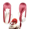 Pink wig on a mannequin head with a styled image of a character wearing it.