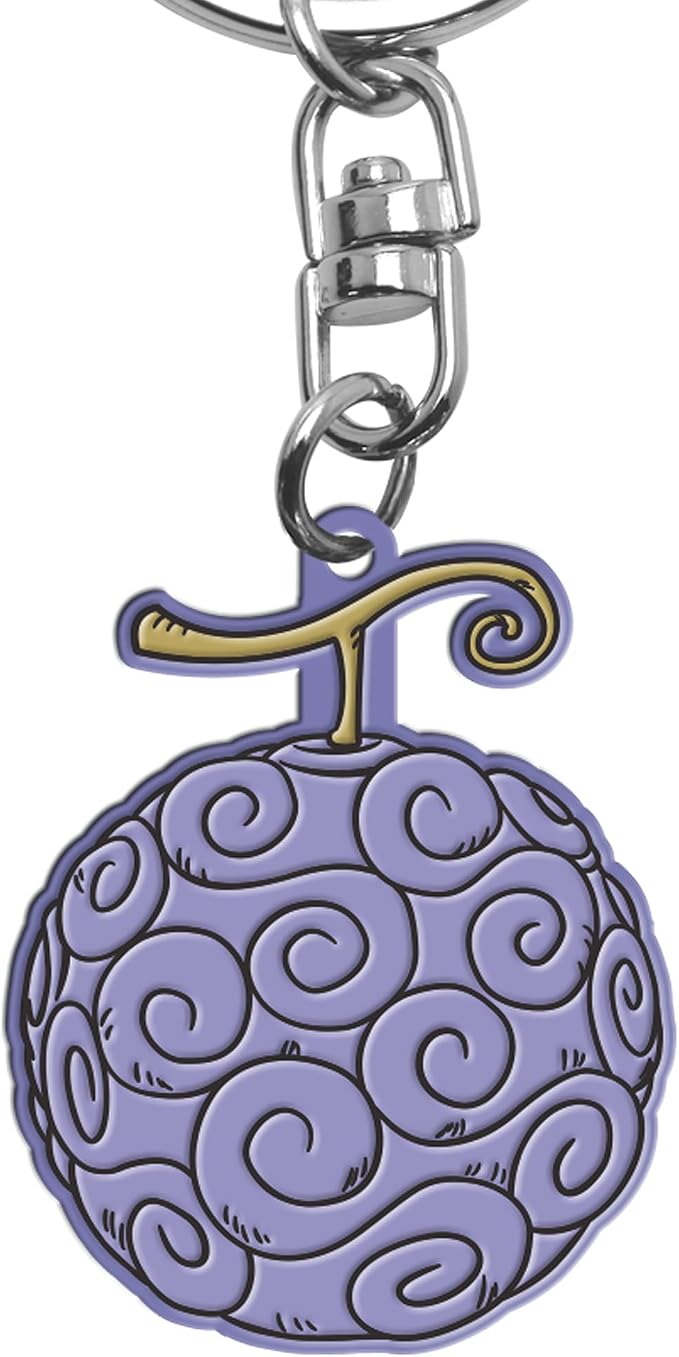 A One Piece anime keychain featuring the Black Court Fruit (Chop Suey) design. The keychain has a silver metal split ring and clasp, with a purple fruit charm decorated with black swirl patterns and a gold-colored stem.