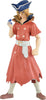 A collectible action figure of a pirate character wearing a coral-red coat, blue hat, and white belt, standing against a plain white background.