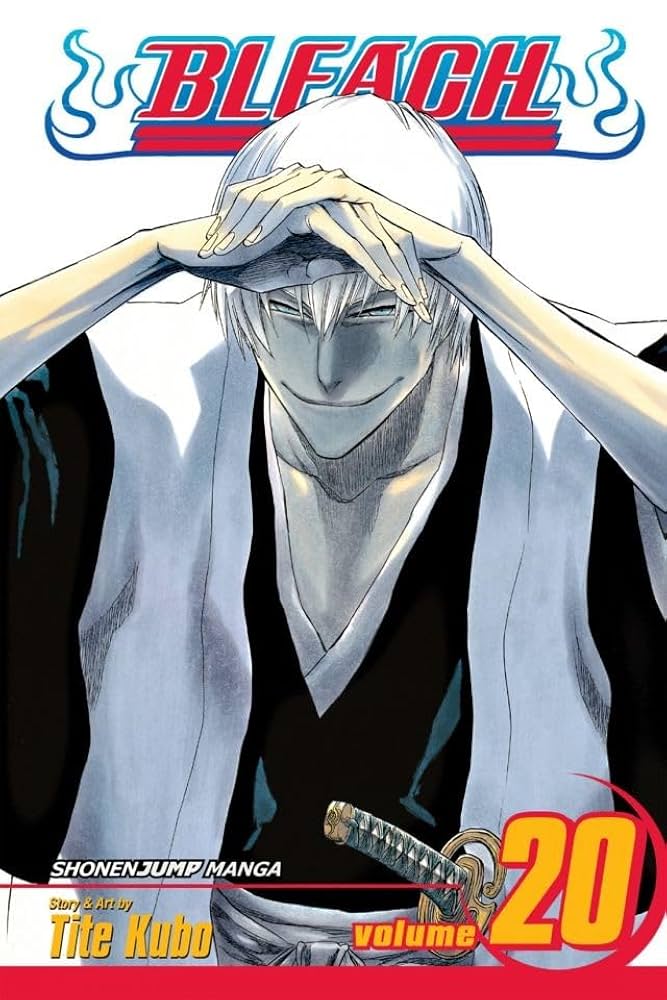 Bleach Volume 20 manga cover featuring a stylized illustration of the character Ori waifu with white hair, a black and white haori, and a katana at the bottom, with the title BLEACH at the top and volume number 20 in red at the lower right.