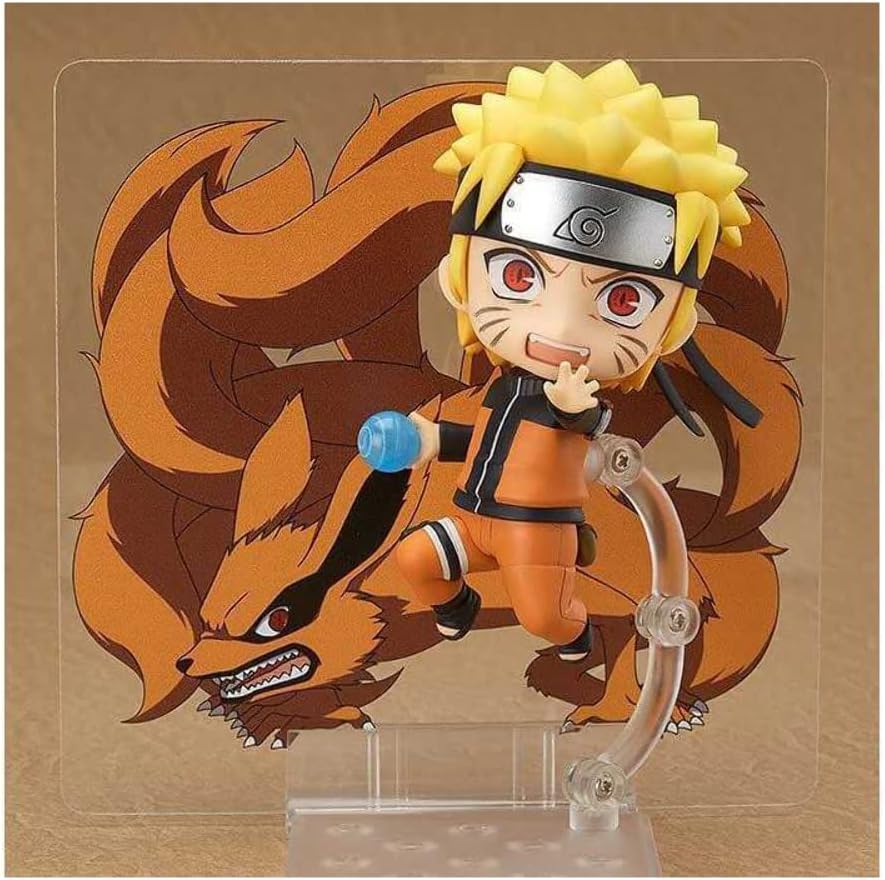 An anime collectible figure of Naruto with his Nine-Tailed Fox on a clear acrylic stand, set against a plain brown background.