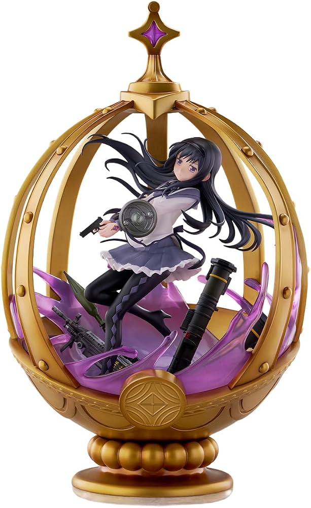 An anime figurine of a female character inside a golden egg-shaped display case with purple and black decorative elements, shown on a plain white background.