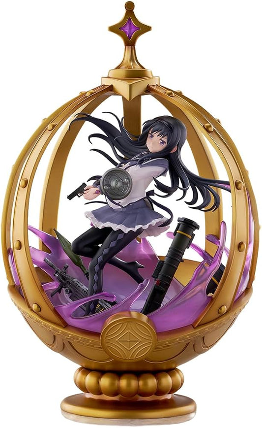 An anime figurine of a female character inside a golden egg-shaped display case with purple and black decorative elements, shown on a plain white background.