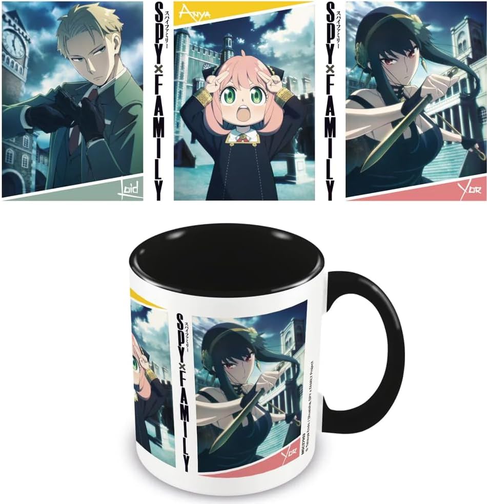 A white ceramic mug with a black handle and black interior, printed with anime artwork from Spy x Family. Above the mug, three matching printed cards or panels show additional character artwork.