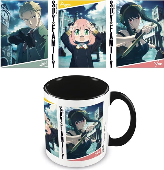 A white ceramic mug with a black handle and black interior, printed with anime artwork from Spy x Family. Above the mug, three matching printed cards or panels show additional character artwork.